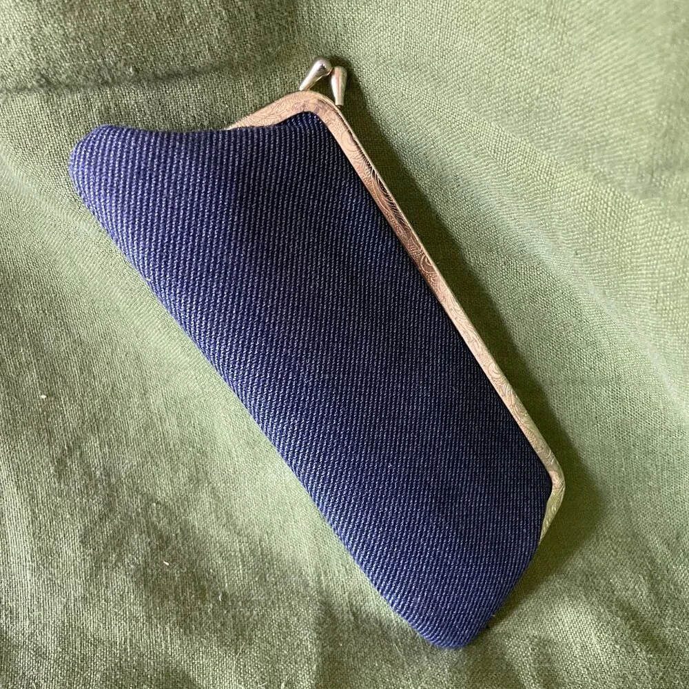 70s Vintage Navy Blue Denim & Gold Kisslock Eyeglass Case With Brass Studs